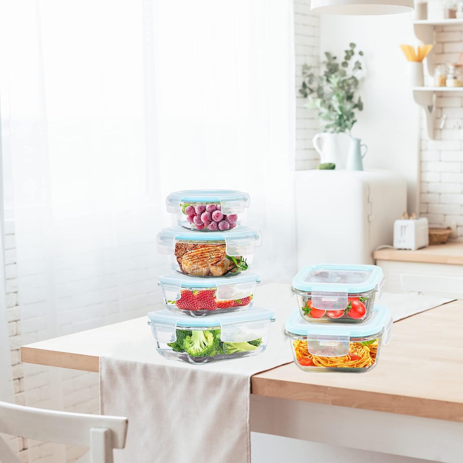 Glass Food Storage Containers with Lids Airtight 6 Pack, Glass Storage Containers with Lids for Food, Not Easy Broken & Leak Proof, Oven/Dishwasher Safe, Blue